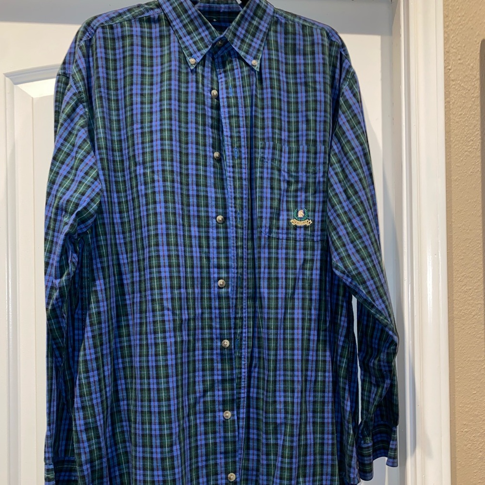 Mens Wrangler Riata Blue Plaid Long Sleeve Button Down Shirt Size Large EUC
